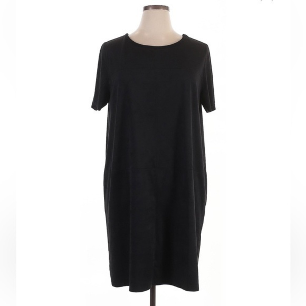 Cal Style Black Faux Suede Lightweight MIDI Short Sleeve Shift Dress Size M